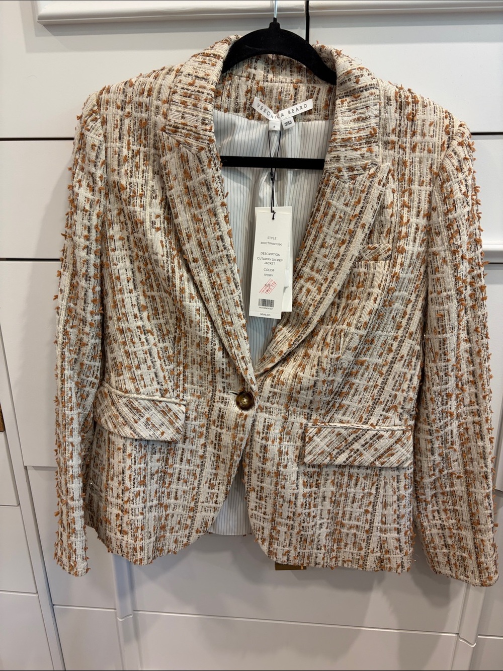 NWT Veronica Beard White and Tan Tweed Single-Button Blazer DICKEY jacket